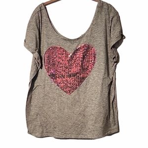 Joe Boxer Women's on/off the shoulder Gray w/ Pink Sequin Heart T-shirt XL. mc